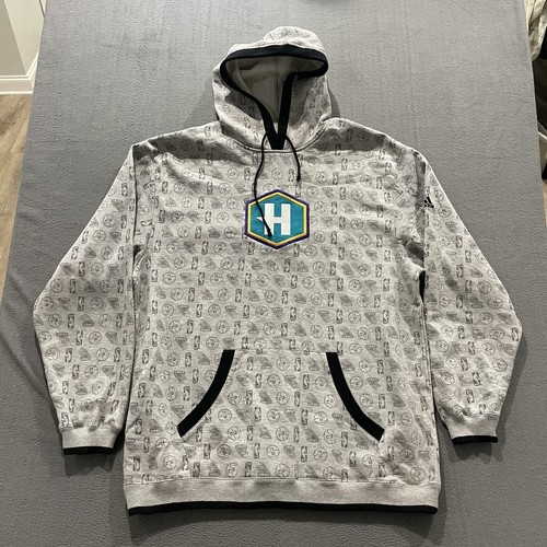 Vintage Adidas New Orleans Hornets Hoodie Herren 2XL grau All Over Print NBA selten - Bild 1 von 11