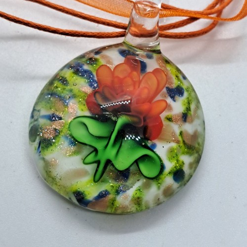 Blown glass pendant on orange ribbon necklace eBay