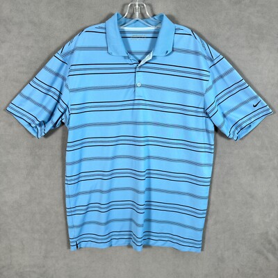 Nike Golf Polo Shirt Mens XL Dri-Fit Logo Blue Striped Athletic