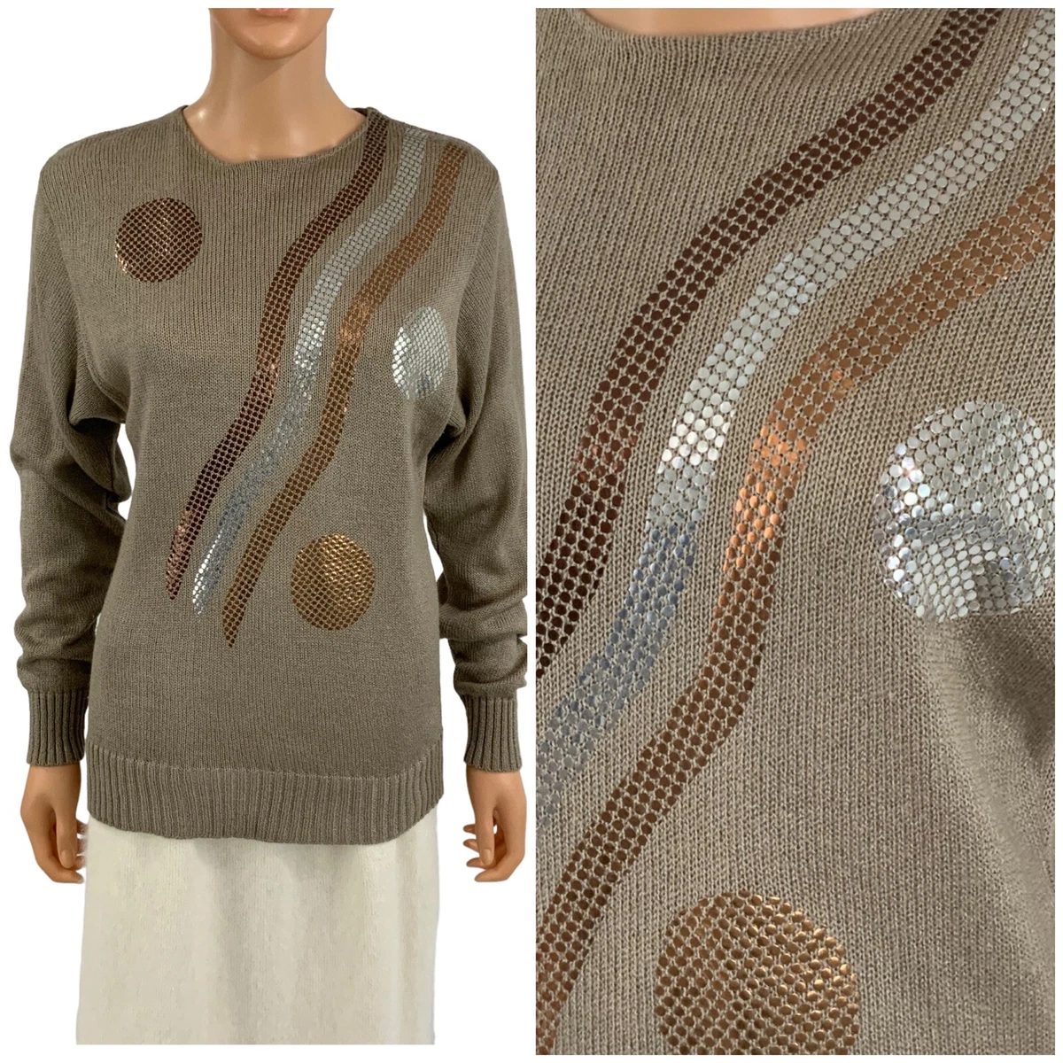 Vintage 80s Sweater Taupe Geometric Atomic Metallic Pailettes Fall Pullover L