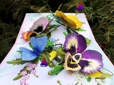3D Pop Up Greeting Card Flower Floral Pansies Butterfly Birthday Mother Love