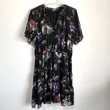 Lauren Ralph Lauren Georgette Dress 12 Black Floral Knee Length Party Cocktail