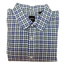 Hugo Boss Blue Check Men's Long Sleeve Point Collar Slim Fit Shirt Size XL