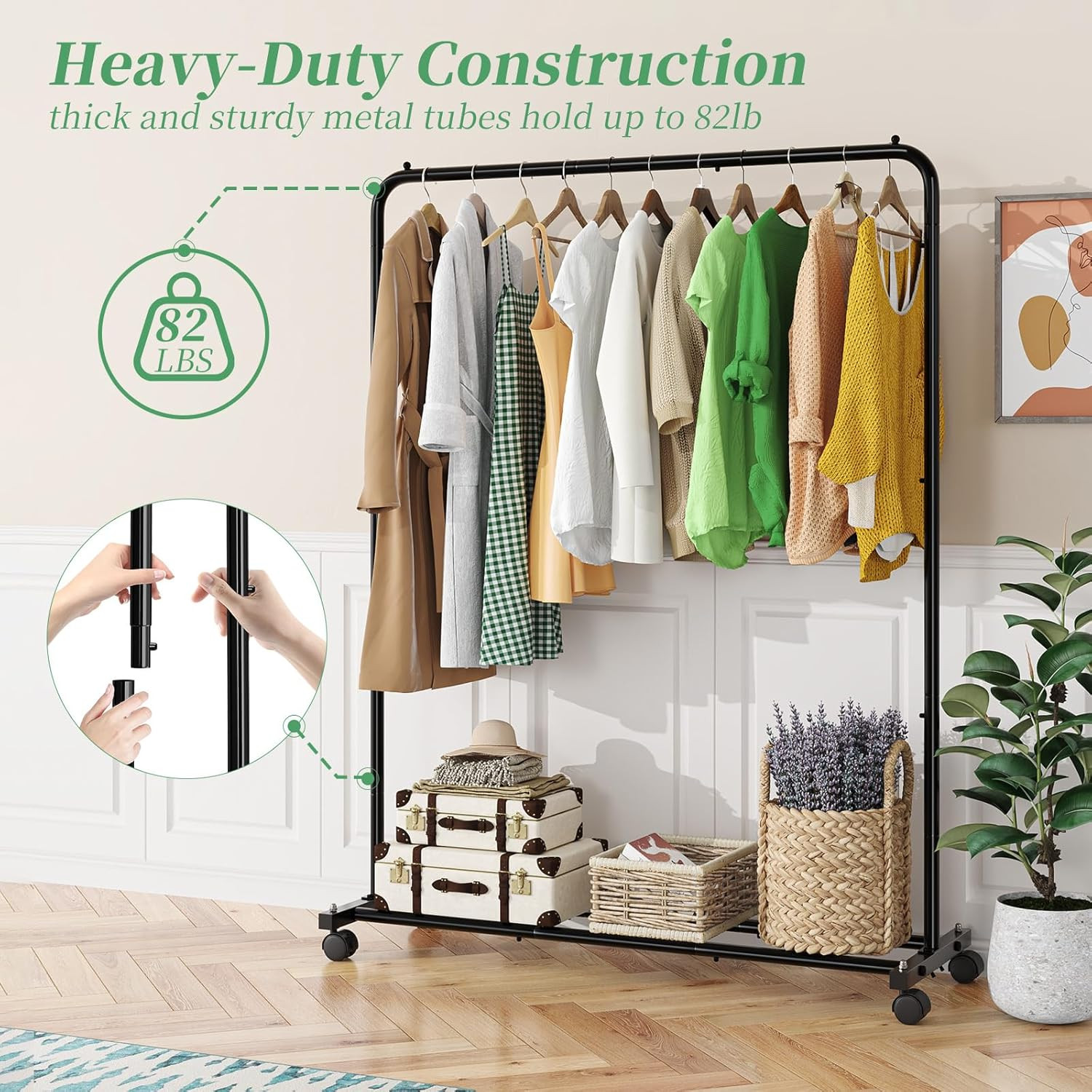 Heavy Duty Clothing Garment Rack with Wheels & Storage Shelves, Rolling Clothes