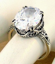 NOUVEAU ANTIQUE STYLE CUBIC ZIRCONIA 925 STERLING SILVER FILIGREE RING 946X
