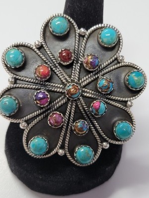 Turquoise & Pink Dahlia SS 925 Adjustable Statement Flower Southwestern  Ring