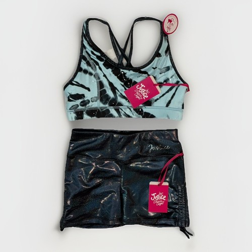 Justice Active Dance Gymnastics Sport Bra & Shorts Set Blue Black Girls M 10 NEW - Picture 2 of 16