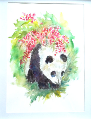Panda in Bambusblüte Illustration Original Aquarell Gemälde Andi J Lucas