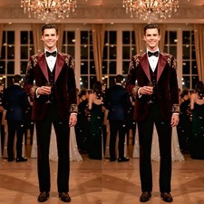 Brugundy Velvet Men's 3Pcs Peak Lapel Gold Appliques Evening Dinner Party Coat