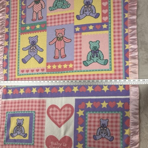 Acrylic Crib Baby Toddler Blanket Satin Trim 35”x 59” Teddy Bear Vtg Pink Hearts - Picture 8 of 9