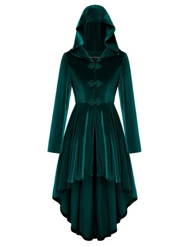 Women's Hooded Velvet Coat Renaissance Frog Buttons Irregular Hem – Dark Green S