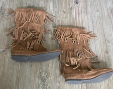 MINNETONKA Moccasin Fringe Chestnut Brown Suede Mid Calf Boots Size 8