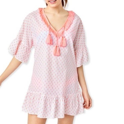 NWT Lilly Pulitzer Kipper Coverup Mini Dress Pink Starbur Pink V Neck Cotton XL