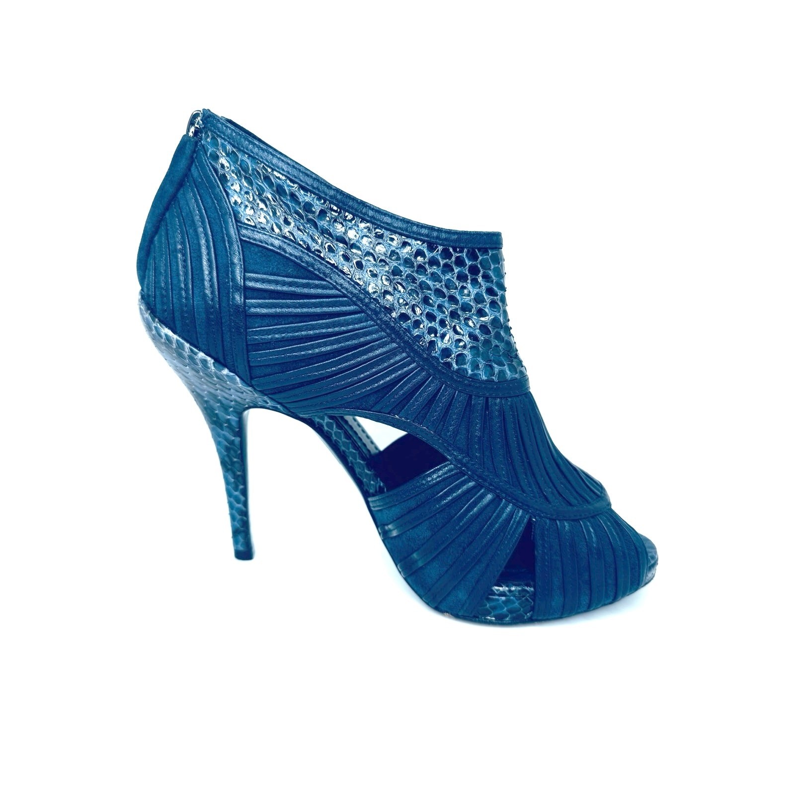 Christian Dior vintage Navy Snakeskin Embossed Open Toe Cutout Booties Size 37