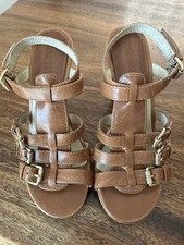 MICHAEL KORS JADEN TAN WAXY LEATHER PLATFORM BUCKLE HIGH SANDALS PUMPS 6.5M