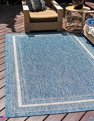 Unique Loom Outdoor Border Area Rug - Soft Blue/Ivory Rectangle (6' 1'' x 9')