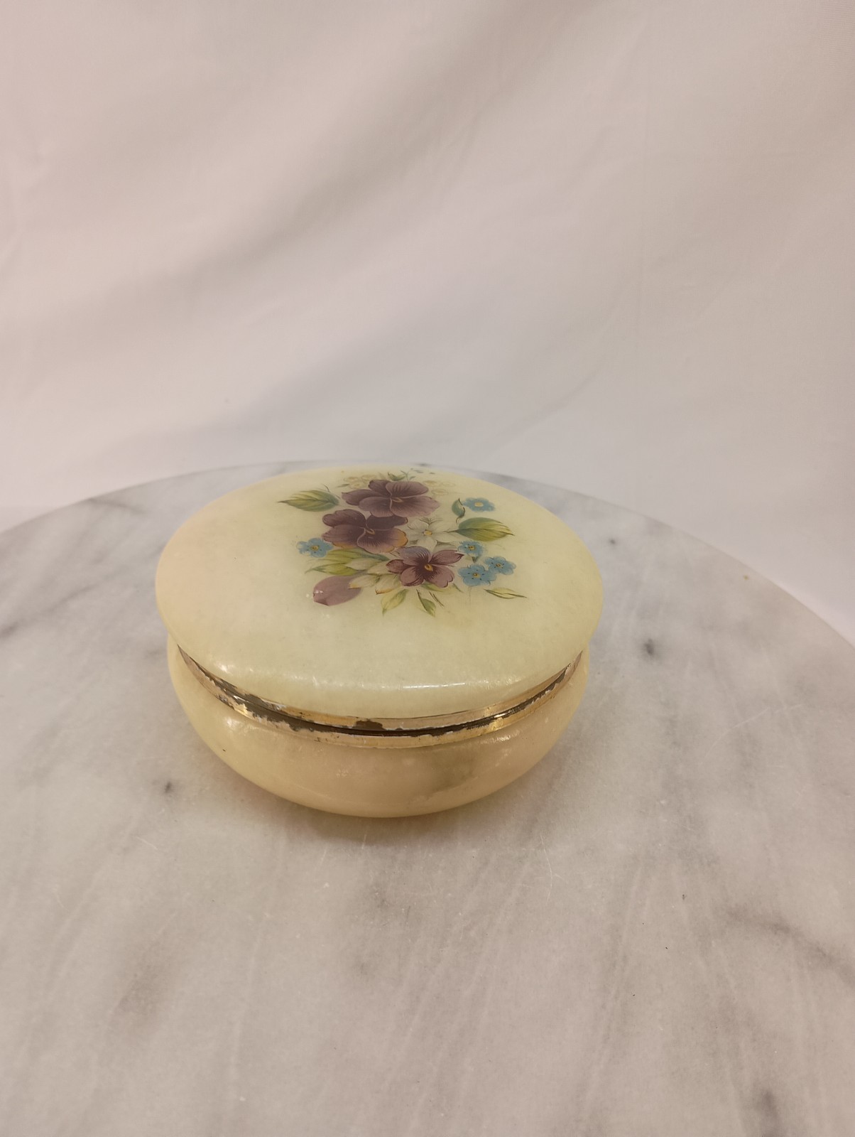 Vintage Alabaster Trinket Box Jewelry Blue Purple Fower Hinged Lid Round