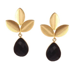 Authentic 925 Sterling Silver Teardrop Black Onyx Earrings Leaf Design Gold Plated Jewelry