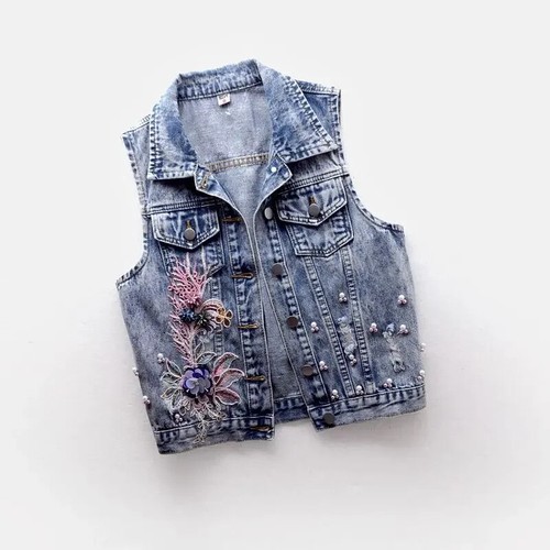 Damen Jeansjacke Perlen Blumen kurze Jeansjacke ärmellose Weste Weste Freizeit - Bild 22 von 24