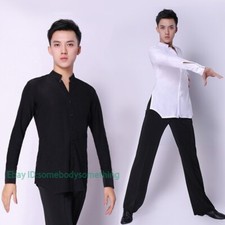 Men Latin Dance Shirt Top Ballroom Modern Salsa Stretch Long Sleeve White