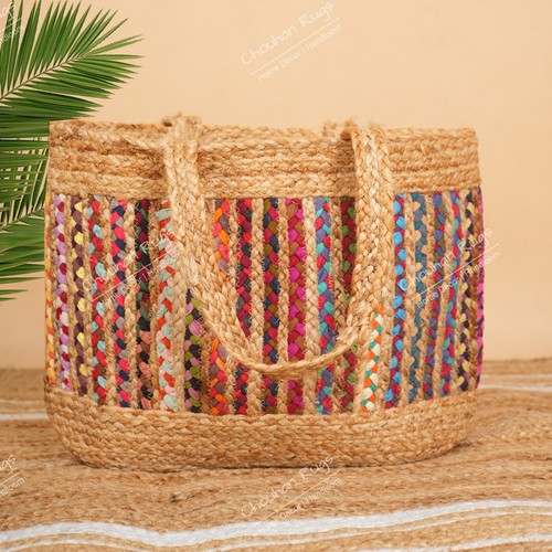 India Handwoven Jute Chindi Shoulder Bag Handwoven Multi Chindi Jute India Bag - Picture 4 of 4