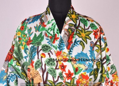 Women 100% Cotton Floral Print white Lingerie Night Gown Sleepwear Kimono
