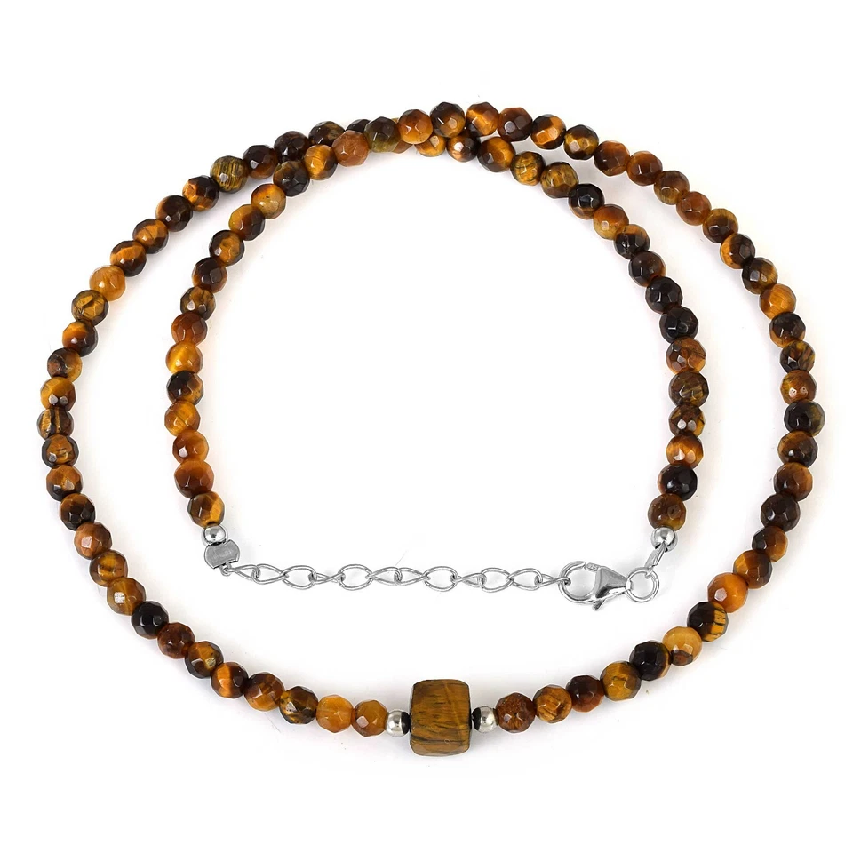 Gioielli Regalo Naturale Occhio di Tigre Gemma 4mm Collana Perle 925 Argento - Immagine 4 di 4