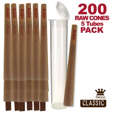 RAW Cones 200 Pack Classic King Size Pre Rolls with Tips Plus 5 Clear Tubes
