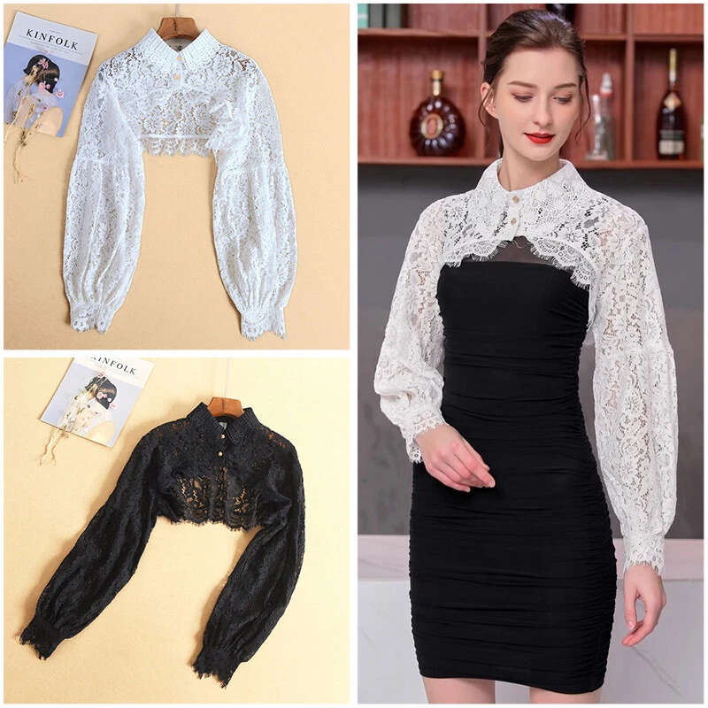 1pcs Womens Bolero Blouse Lace Hollowed Choker Half Shirt Blouse Crop Tops - Image 3 of 4