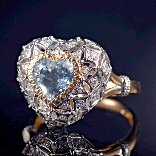 Reteo Plump Lovely Heart Aquamarine Natural Diamond Women Ring 14k 2-Tone Gold - Picture 4 of 17