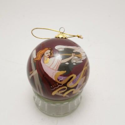 AVON Glass Ornament Reverse Hand Painted Angels Red w/ Velvet Box - 2014
