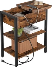 HOOBRO End Table with Charging Station, Narrow Side Rustic Brown + Black 
