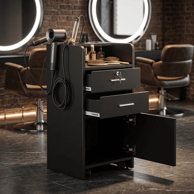 Salon Trolley Rolling Cart Hair Styling Station Drawer Locking Cabinet Black Spa