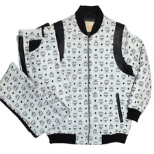 Vintage MCM White Leather Tracksuit Jacket Pants & Bucket Hat Set Monogram Logo