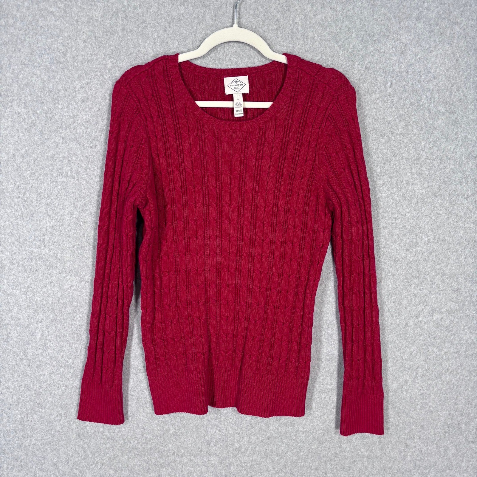 St Johns Bay Cable Knit Sweater Large Red Crew Neck Tennis Preppy Old Money