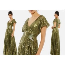 Mac Duggal Olive Green Sequined Butterfly Sleeve Faux Wrap A Line Gown Sz 4 NWOT