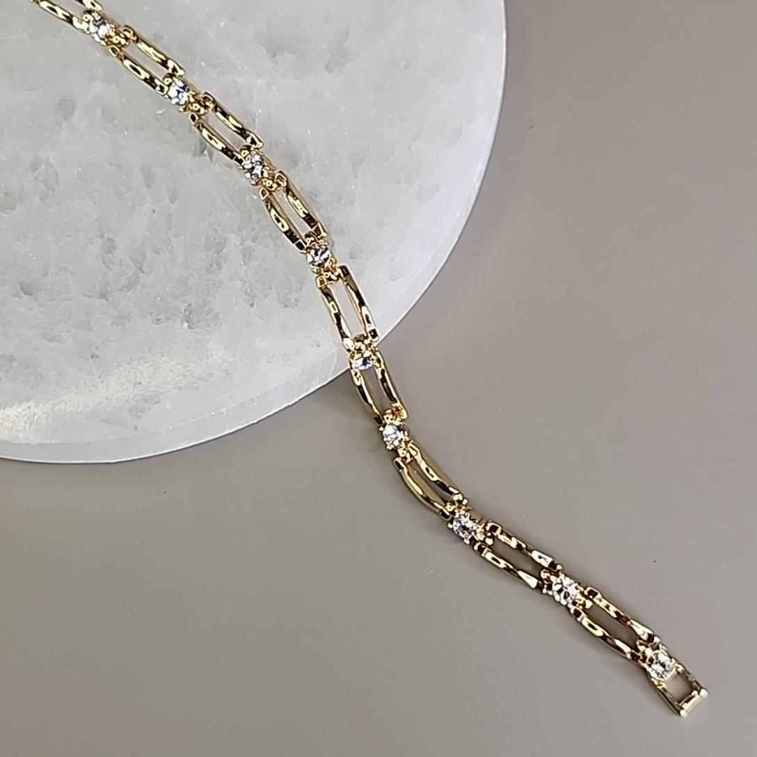 Rhinestone Chain Bracelet Rectangle Linked Gold T… - image 9