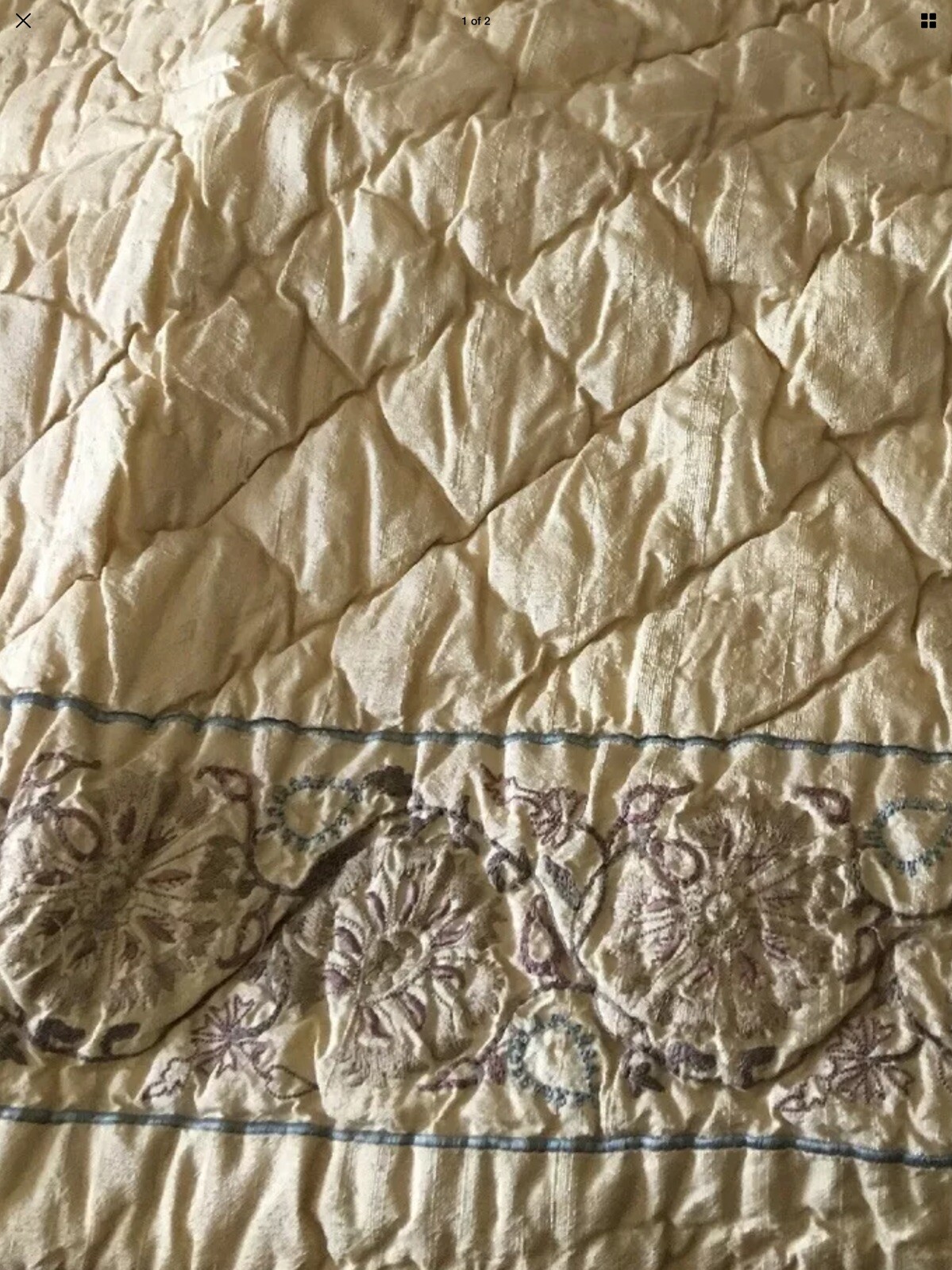 Stroud Udaipur Silk embroidered King Quilt Vintage Golden Yellow/ Taupe