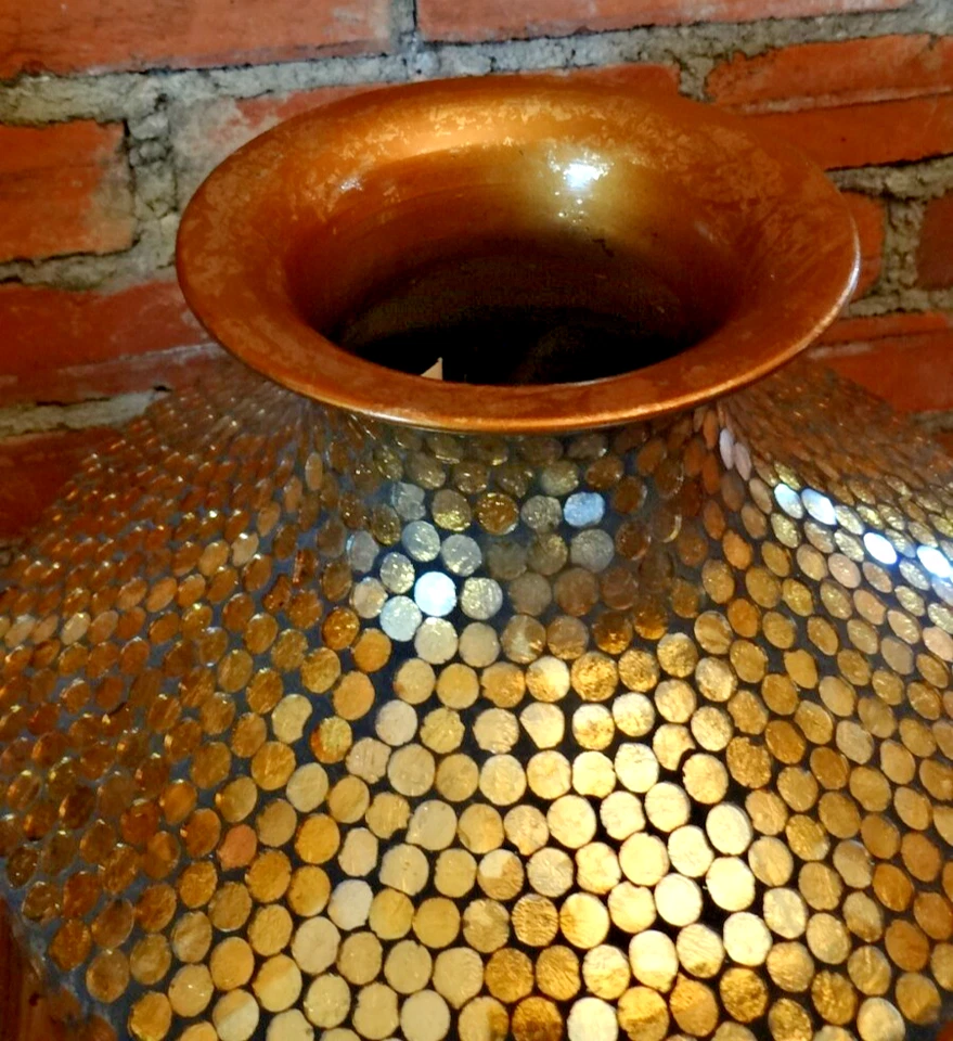 Pier One Imports Copper Mosaic Glass Art Over Brass 16" Tall - Image 3 of 4