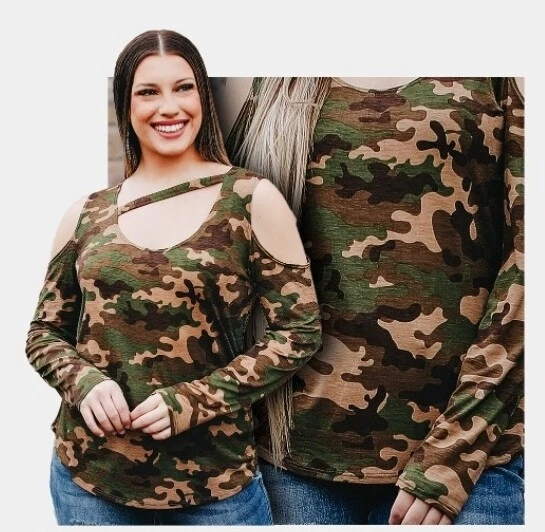 New PLUS SIZE Womens CAMO CAMOUFLAGE COLD SHOULDER CUTOUT SHIRT XL 1X 2X 3X