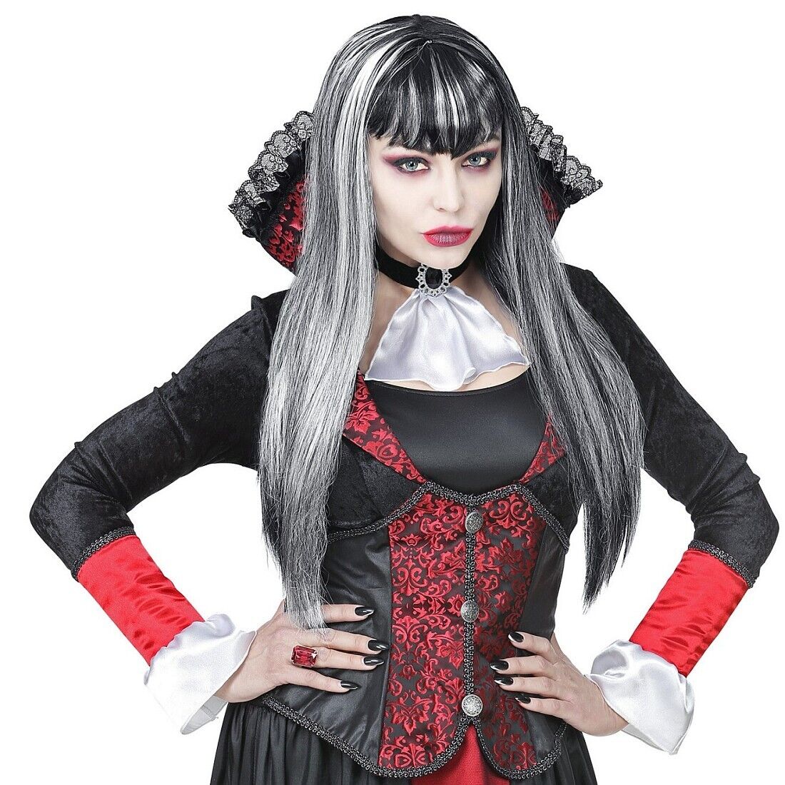Gothic Perücke Vampir Lady Schwarz-Weiß Kostüm-Zubehör Damenperücke Vampirin