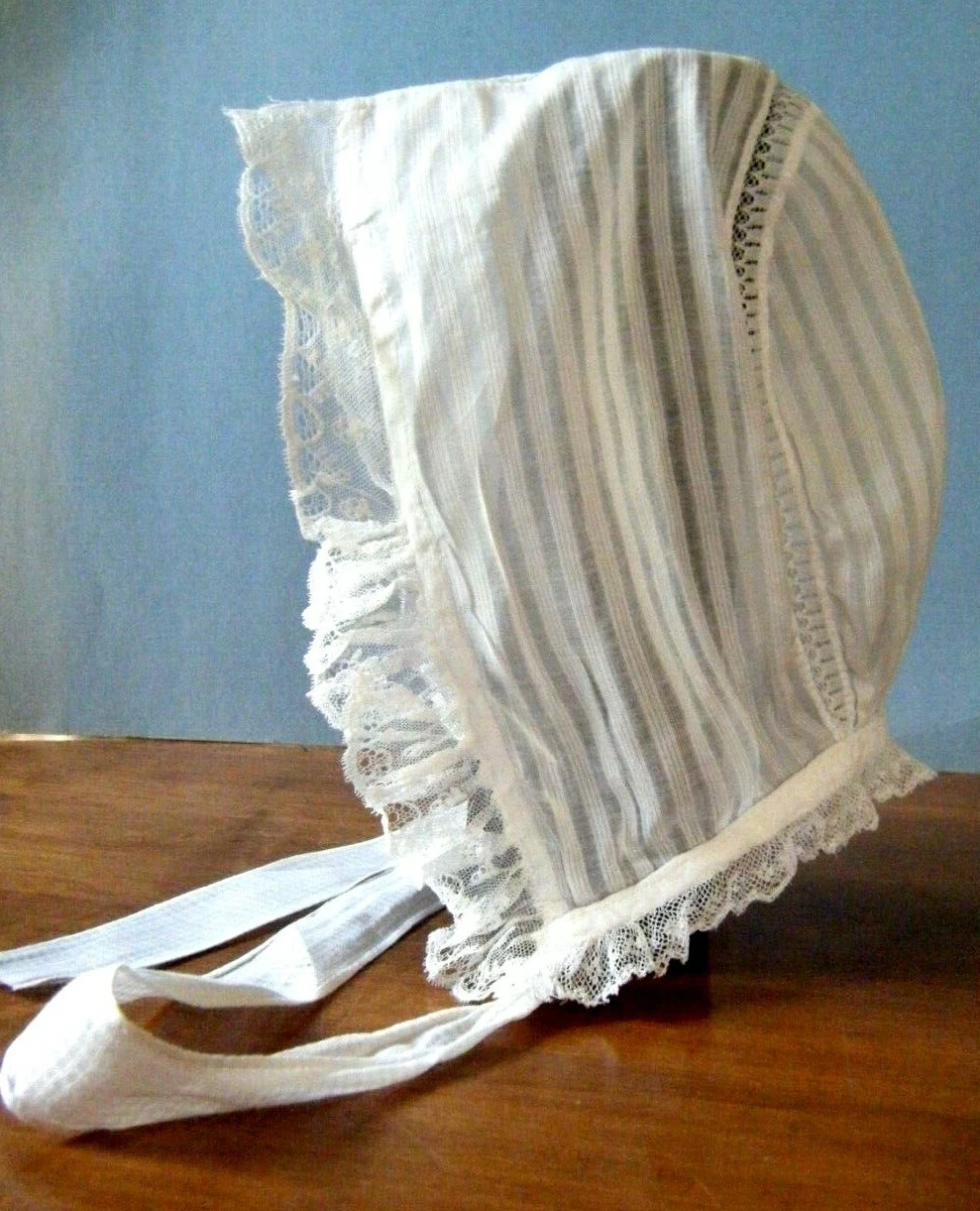 Antique Victorian Doll Baby Bonnet Lace &fabric voile French ribbons vals