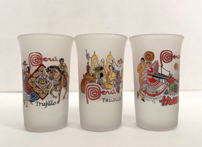 Peru Trujillo, Huanchaco 3pc. Souvenir Frosted Shot Glasses w/drink recipe NIOB