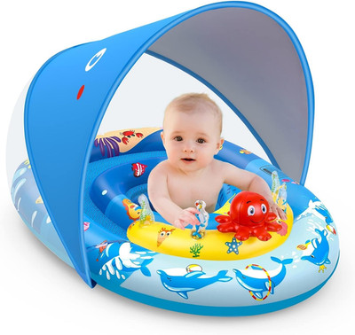 Baby Pool Float with Canopy & Ocean Toys - Safe Inflatable for 6-36 Months