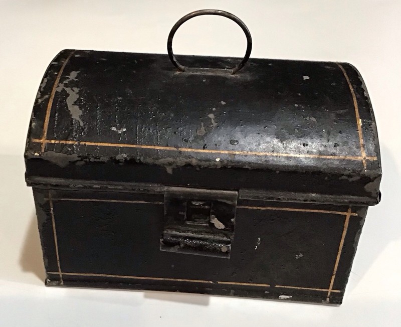 Antique Tin Miniature Doll Child 19th Century Painted Cash Document Box Toleware