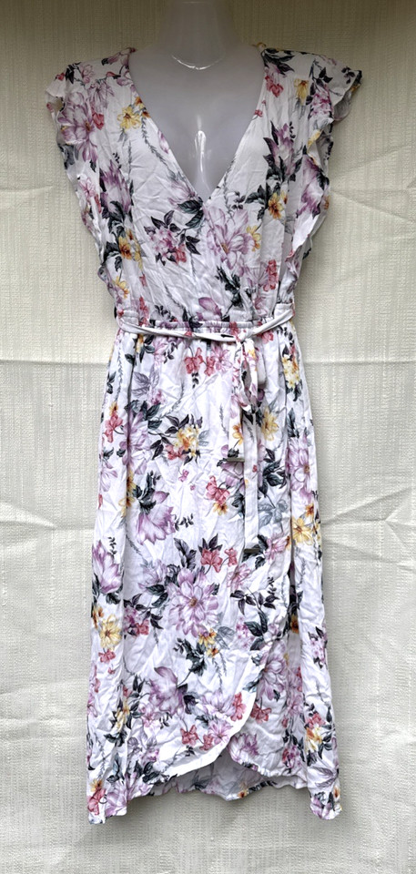 Just Jeans Dress Size 10 White Floral Faux Wrap Frill Sleeve Casual Midi
