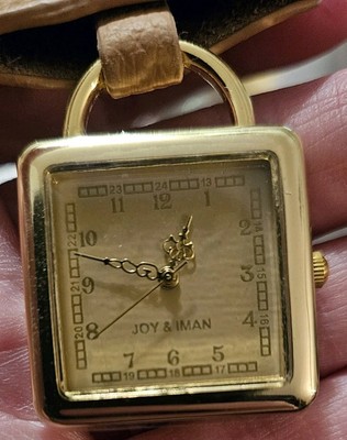 Joy & Iman Quartz Fashion Pocket Purse Watch Gold Case Leather Strap Gold Dial 