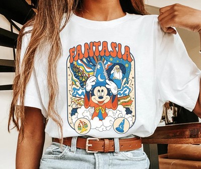 Disney Vintage 70s Sorcerer Mickey Mouse Magic Broom White T-Shirt Size S-5XL