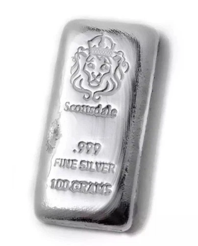 100 Gram Cast Silver Bar by Scottsdale Mint .999 Silver Bullion - 100g  #A130