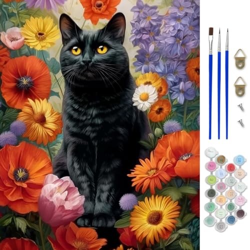 Black Cat Paint by Numbers Kit for Adults, Cat Flower Paint by Number ...